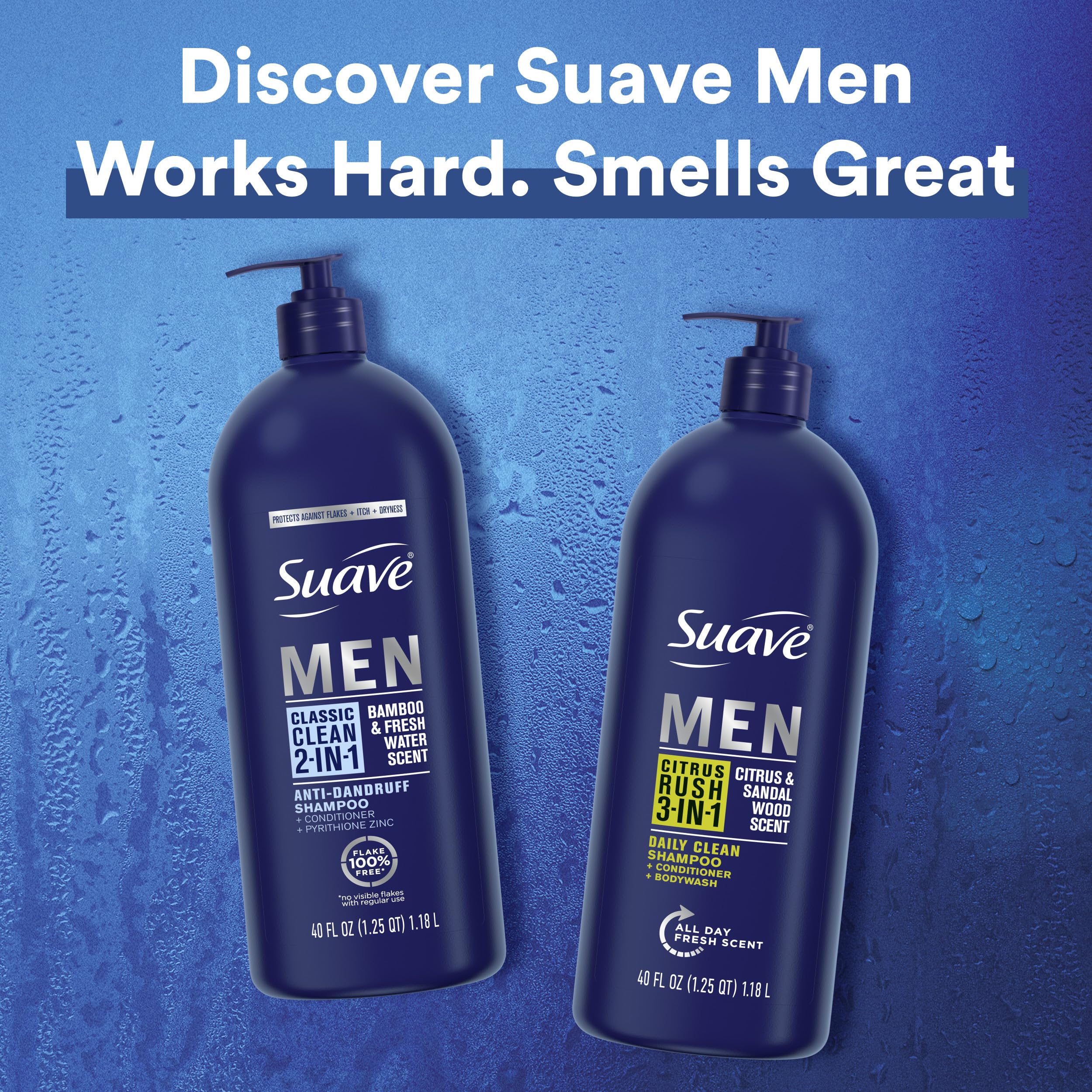 Suave Men 40 oz bottle in-pack layout showing bulk value.