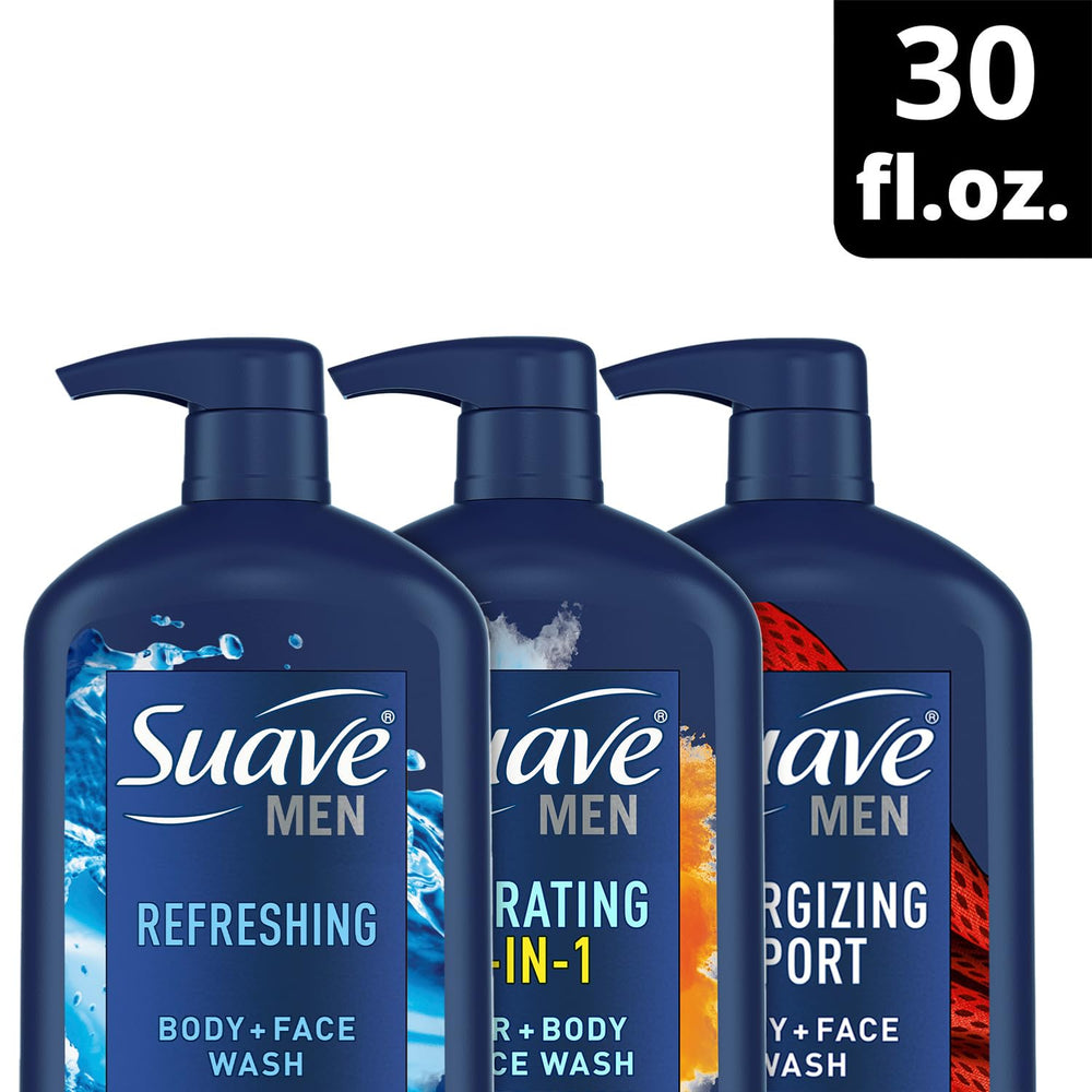 Suave Men Hydrating 3-in-1 bottle for hair, body, and face care.