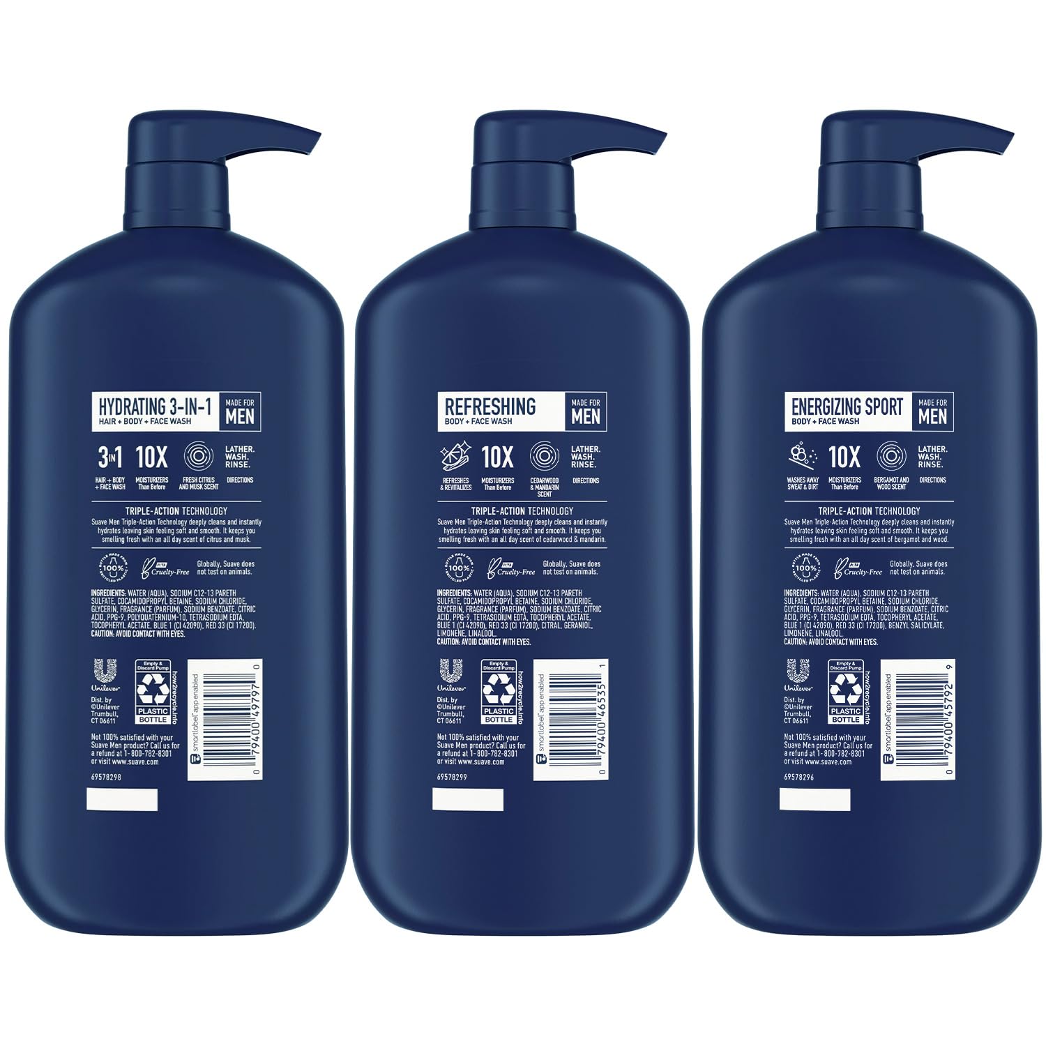 Suave Men Refreshing Body + Face Wash bottle ready for cleansing.