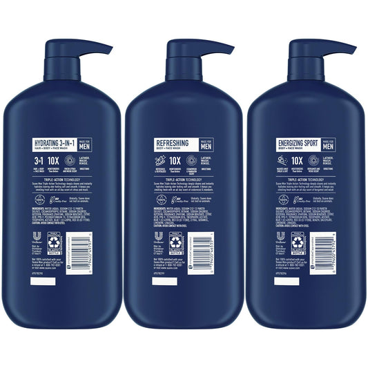 Suave Men Refreshing Body + Face Wash bottle ready for cleansing.