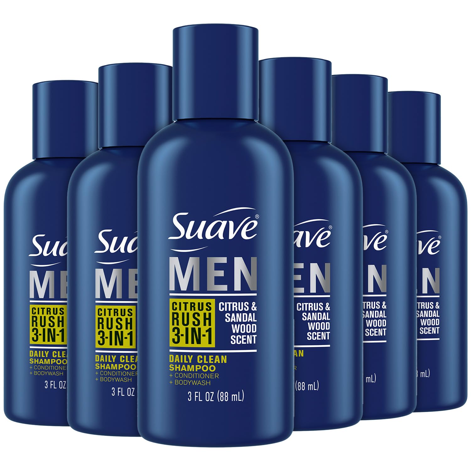 Suave Men’s 3-in-1 Citrus Rush bottle highlights travel-friendly grooming.
