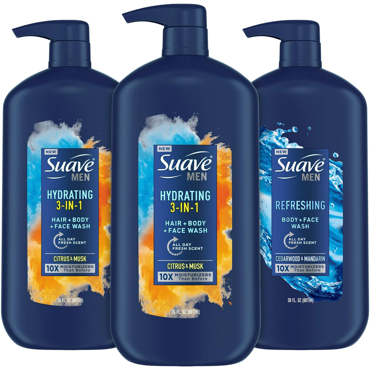 Suave Men Hydrating 3-in-1 bottle front view for daily cleansing.