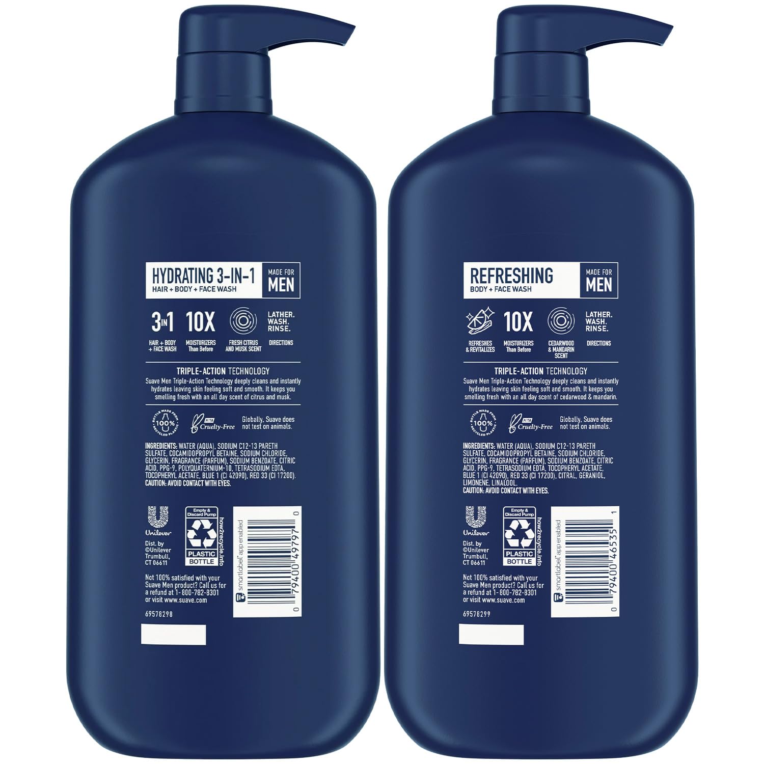 Suave Men Hydrating 3-in-1 bottle with pump-top for easy use.