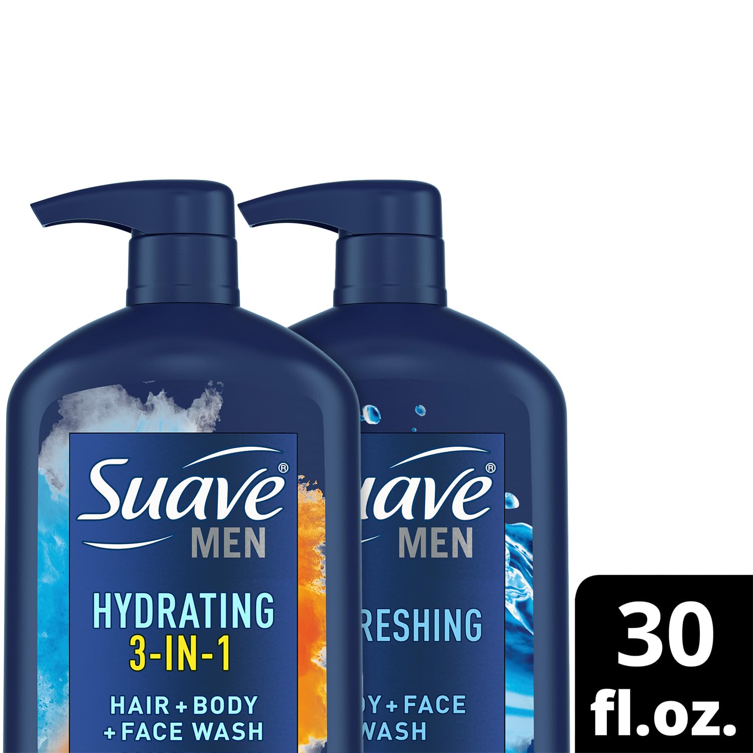 Suave Men Refreshing Body + Face Wash bottle ready for quick shower.
