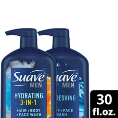 Suave Men Refreshing Body + Face Wash bottle ready for quick shower.