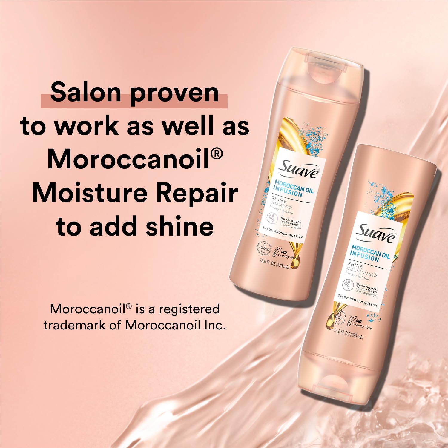 Suave Moroccan Oil Infusion Conditioner bottle adds softness and manageability.