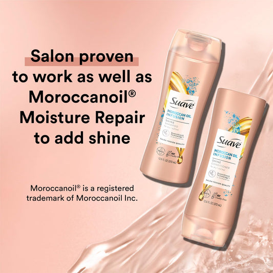 Suave Moroccan Oil Infusion Conditioner bottle adds softness and manageability.