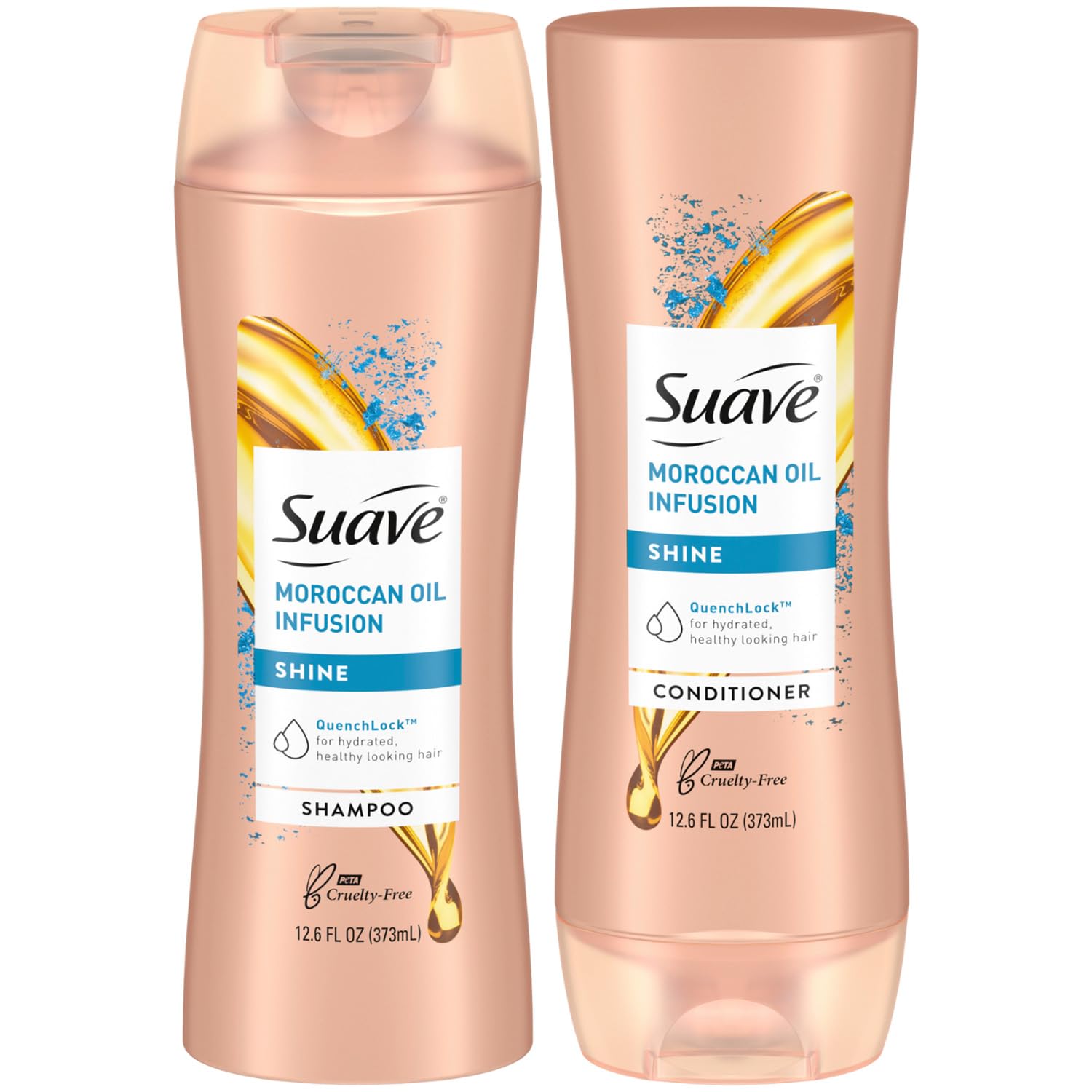 Suave Moroccan Oil Infusion Shampoo bottle boosts shine and smoothness.