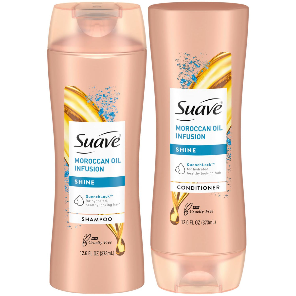 Suave Moroccan Oil Infusion Shampoo bottle boosts shine and smoothness.