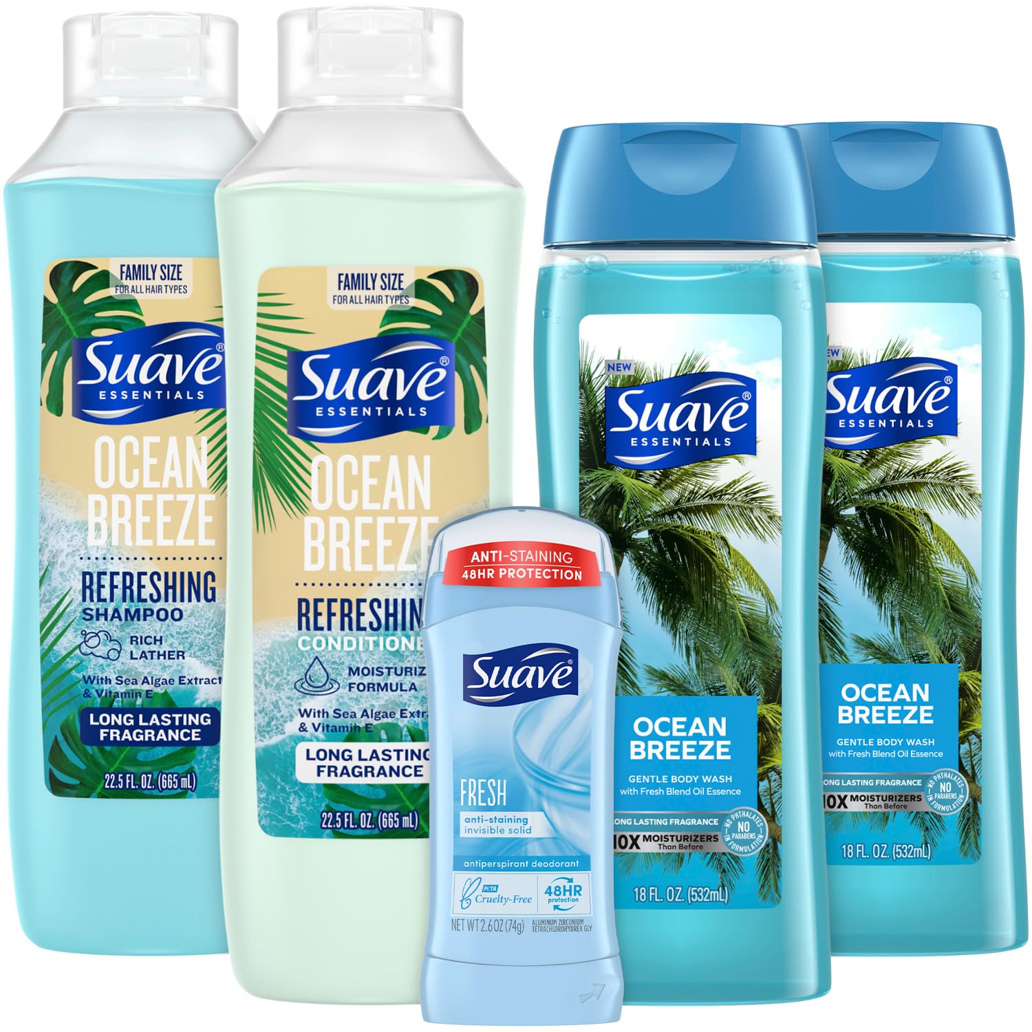 Suave Ocean Breeze body wash bottle with sea algae and vitamin E for refreshing cleanse.