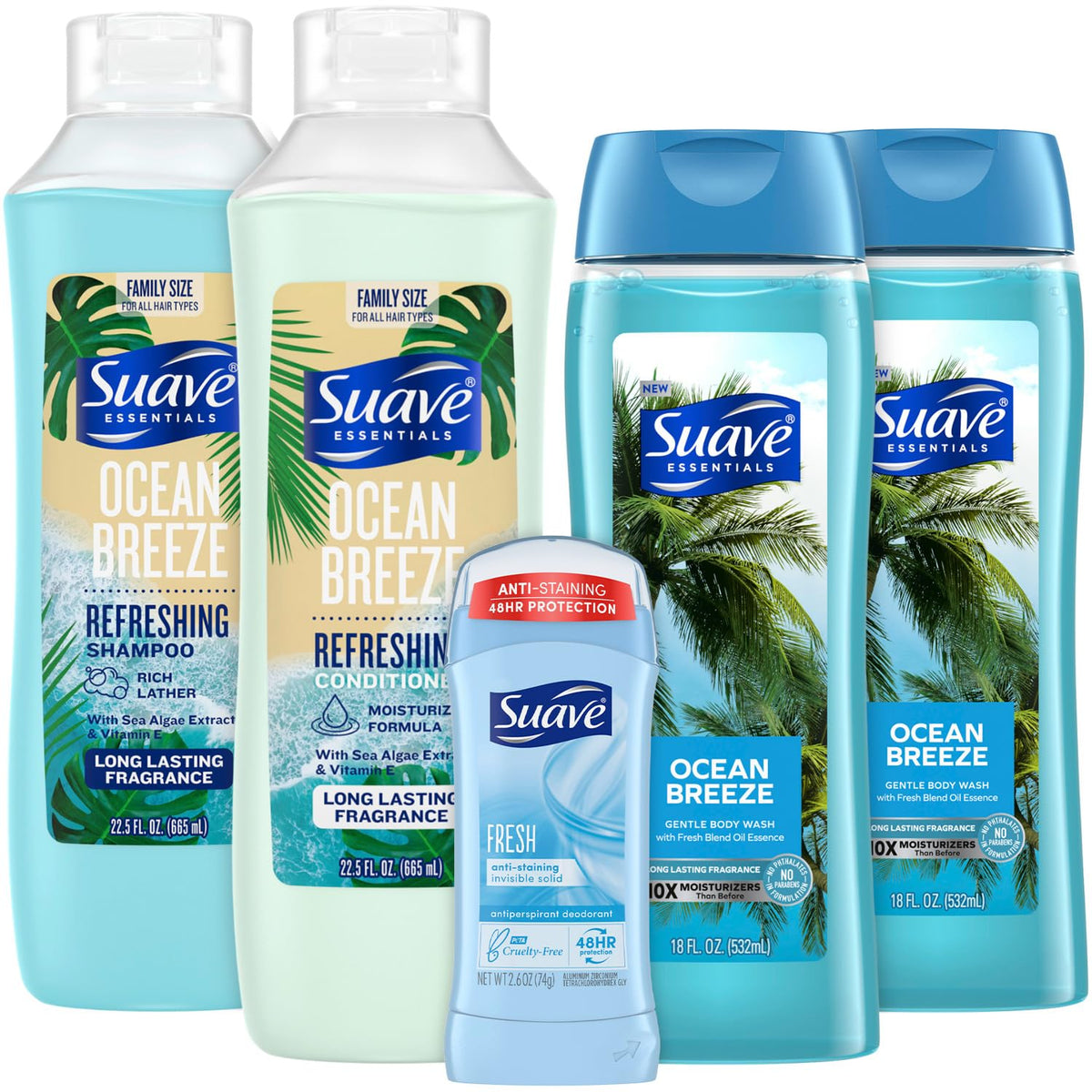 Suave Ocean Breeze body wash bottle with sea algae and vitamin E for refreshing cleanse.