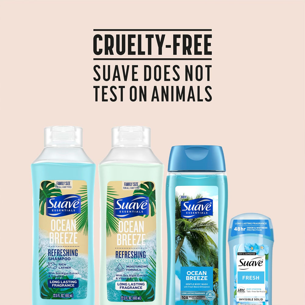 Suave Ocean Breeze conditioner bottle with vitamin E for smoother hair.