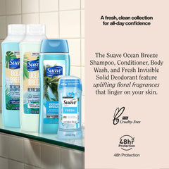 Suave Ocean Breeze shampoo bottle with moisturizers and jasmine cedarwood scent for daily freshness.