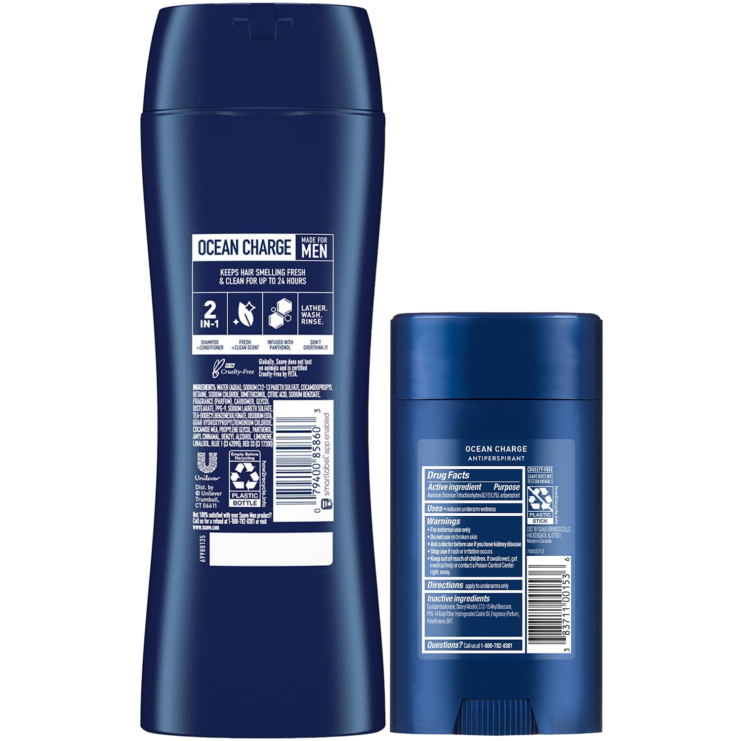 Cruelty-free Suave logo on Ocean Charge packaging