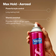 Suave+ frizz control hairspray bottle tames flyaways.