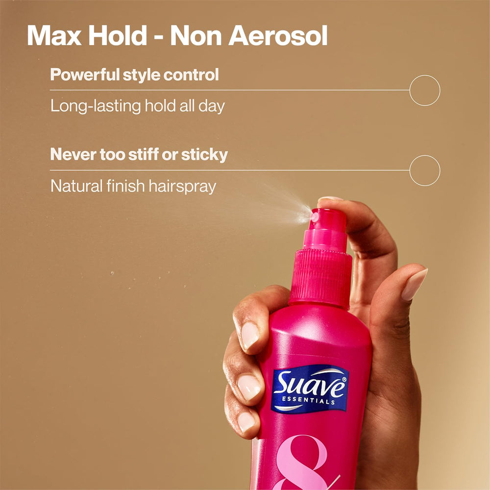 Suave+ max hold hairspray bottle for reliable control.
