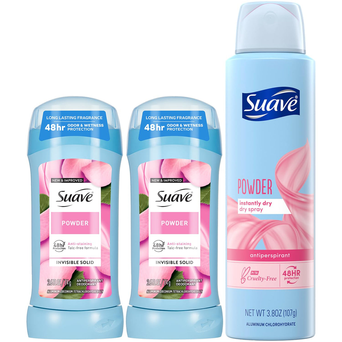 Suave powder deodorant sticks 2-pack on shelf for daily freshness