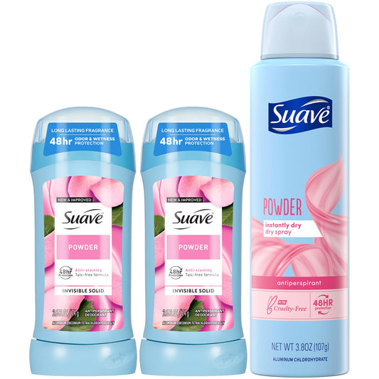 Suave powder deodorant sticks 2-pack on shelf for daily freshness