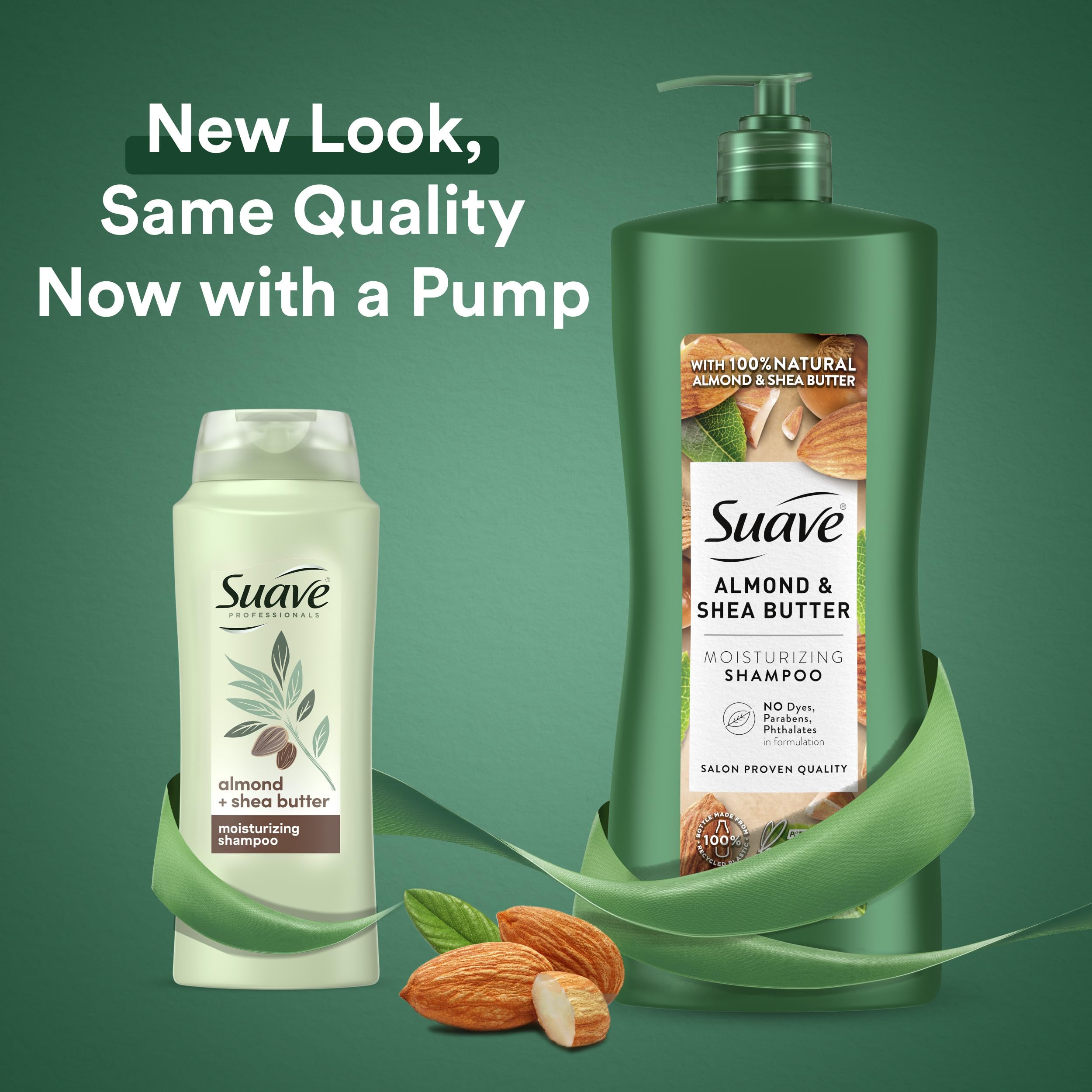 Suave Professionals Almond + Shea Butter Conditioner label highlights dye-free formula.