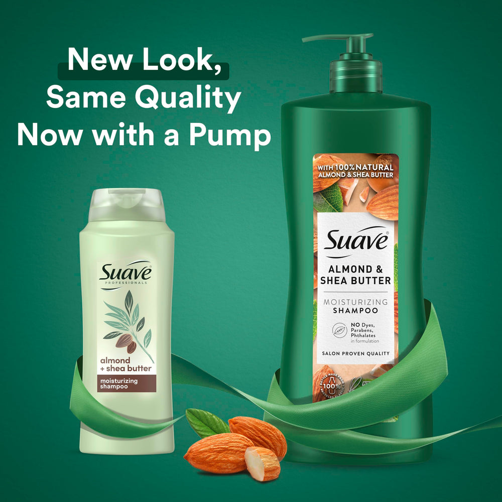 Suave Professionals Almond + Shea Butter Conditioner label highlights dye-free formula.