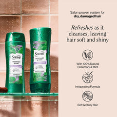 Suave Rosemary & Mint conditioner bottle delivering moisturizers for smoother hair.