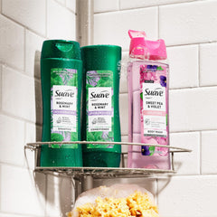 Hair care routine shot featuring Suave conditioner ready to apply
