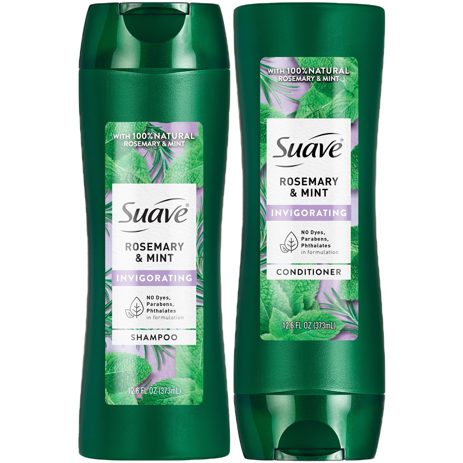 Suave Rosemary & Mint shampoo bottle with natural oils for refreshing scalp care.