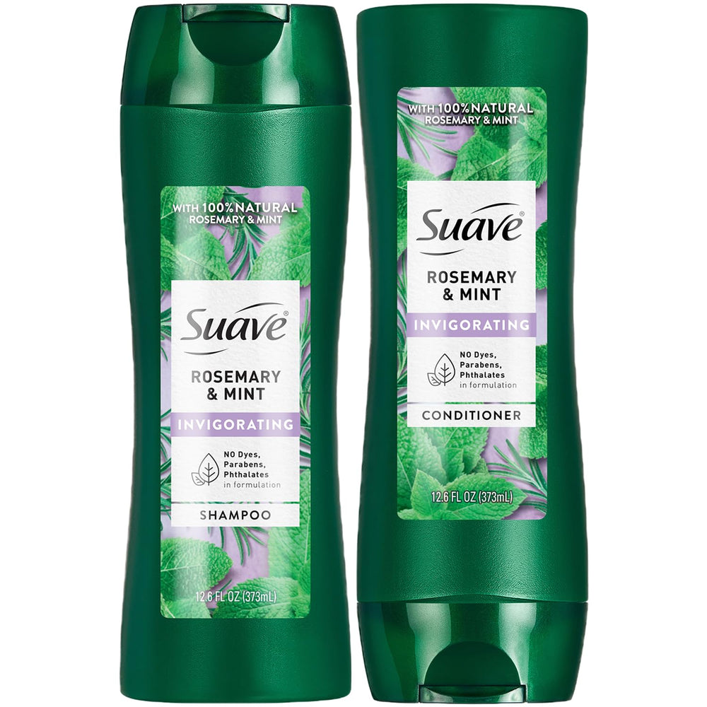 Suave Rosemary & Mint shampoo bottle with natural oils for refreshing scalp care.