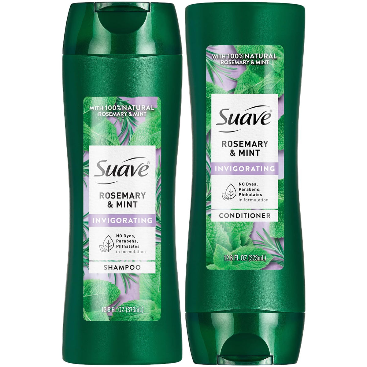 Suave Rosemary & Mint shampoo bottle with natural oils for refreshing scalp care.