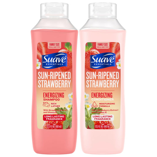 Suave Sun-Ripened Strawberry shampoo bottle pouring to refresh hair
