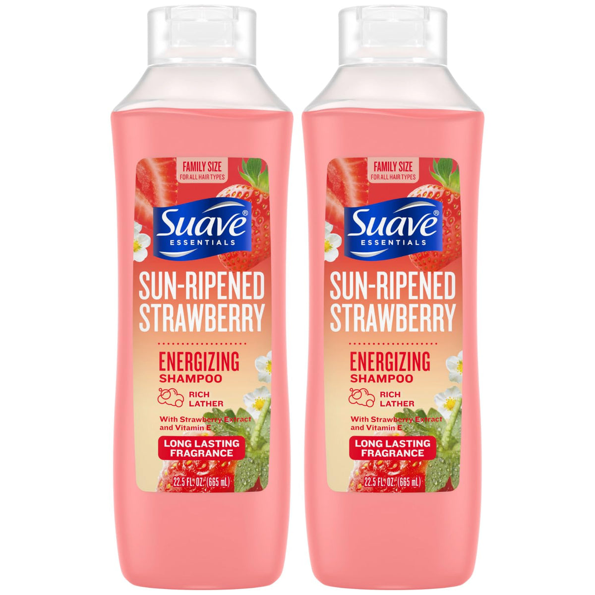Suave Sun-Ripened Strawberry Shampoo packaging visuals suggesting a refreshing morning routine