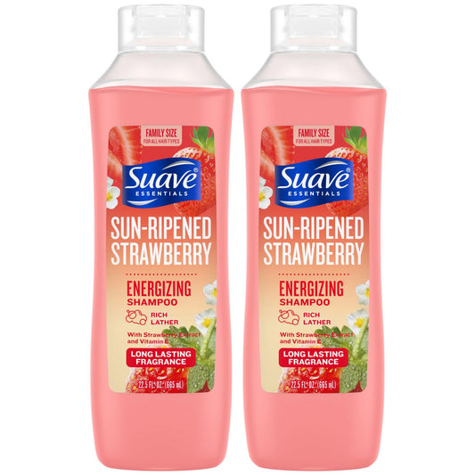 Suave Sun-Ripened Strawberry Shampoo packaging visuals suggesting a refreshing morning routine