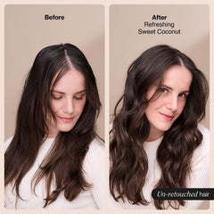 Suave Sweet Coconut dry-shampoo-application demonstrates instant lift and freshness.