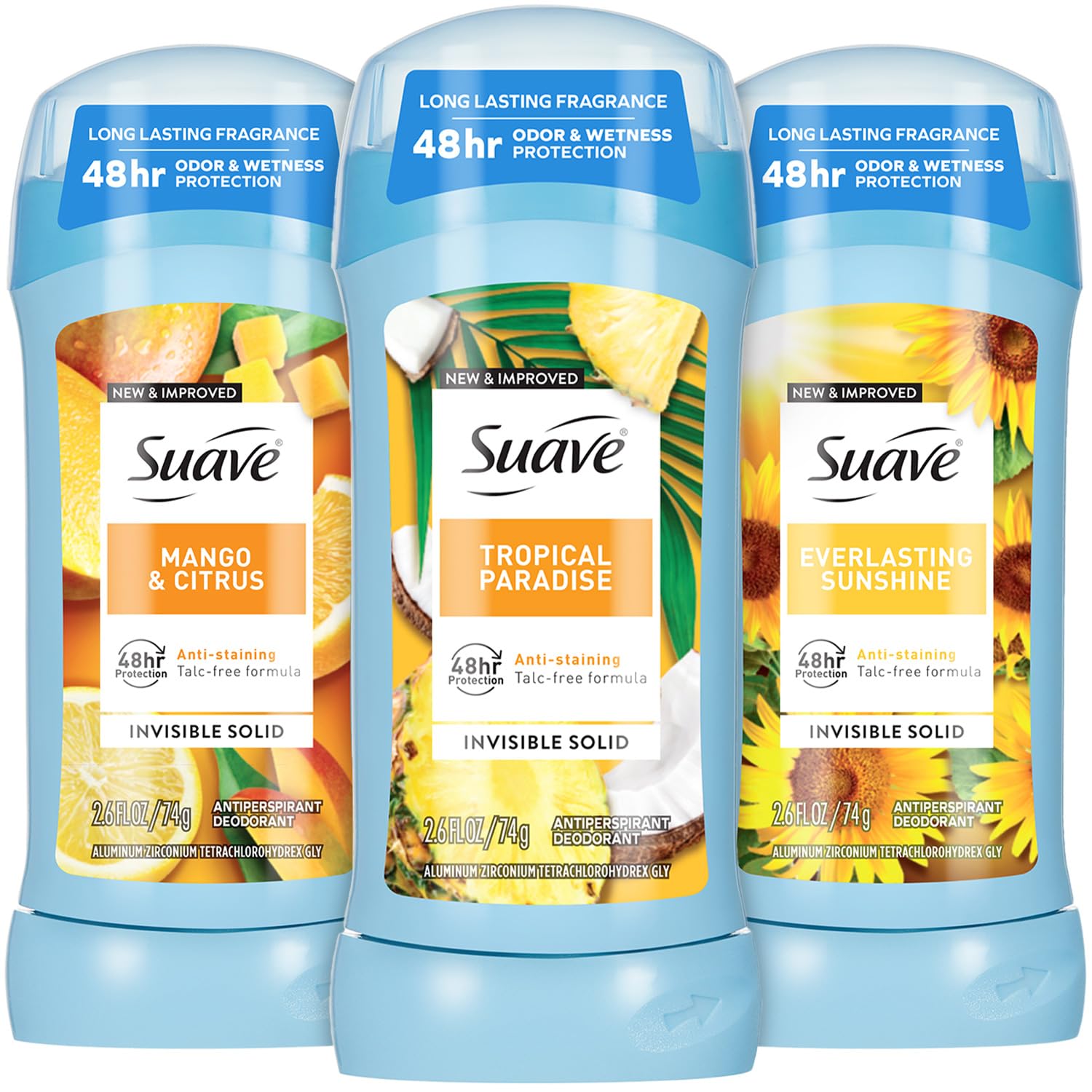 Suave Tropical Paradise deodorant stick front view showing invisible protection