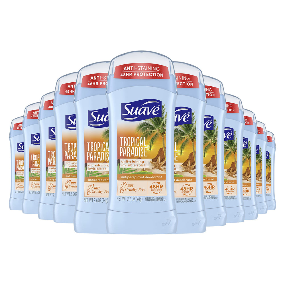Suave Tropical Paradise invisible solid deodorant stick, long-lasting protection and clear application.