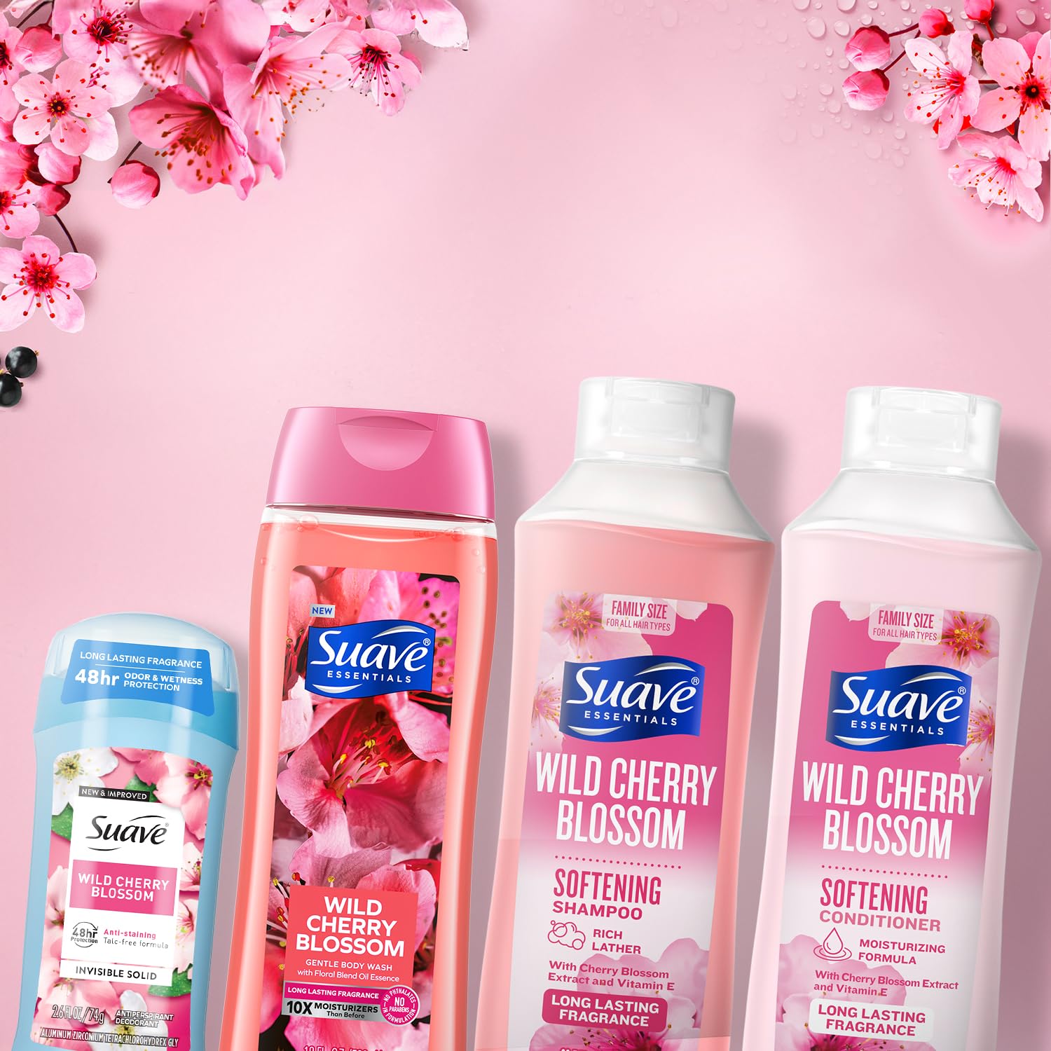 Suave Wild Cherry Blossom morning routine shot; easy start to daily self-care