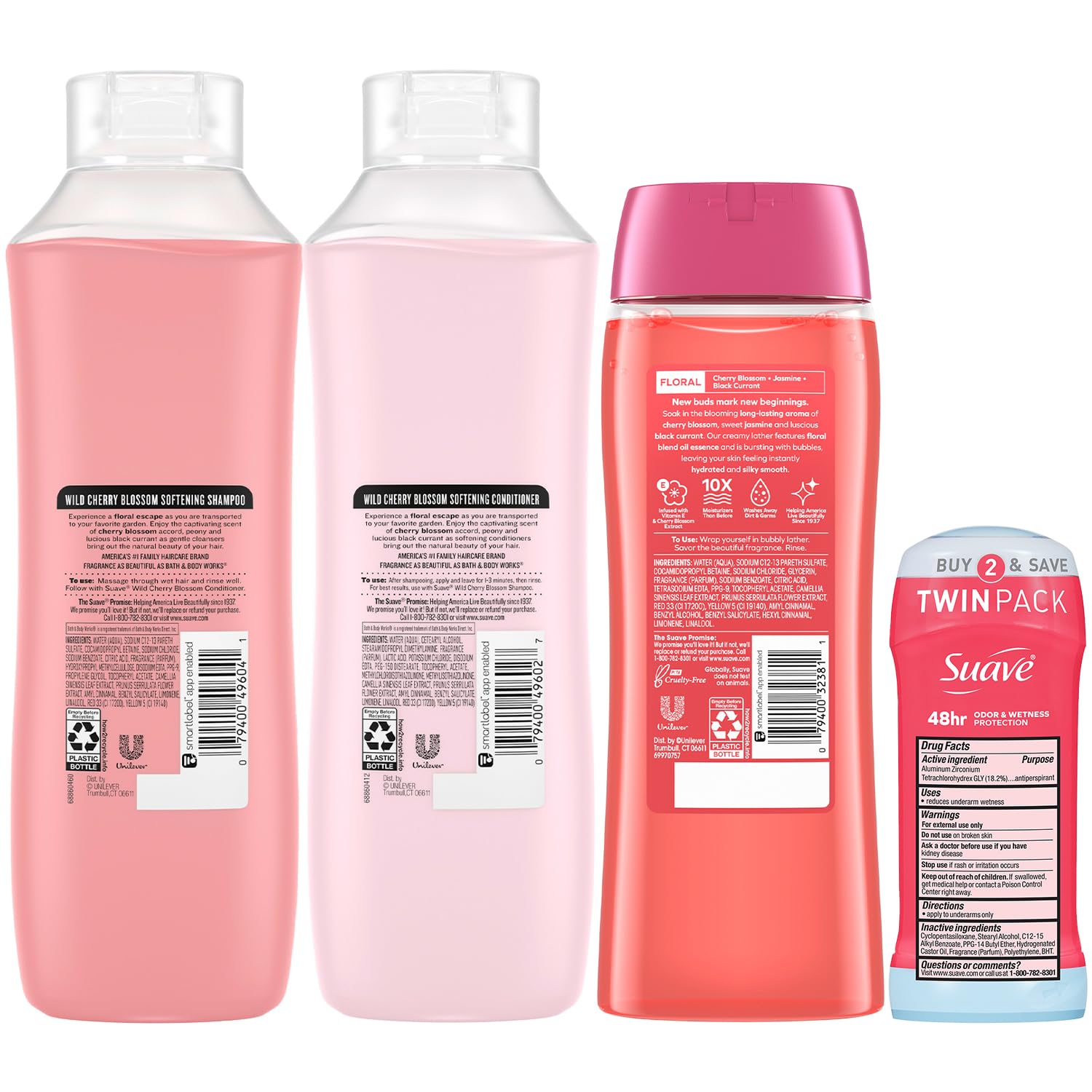 Suave Wild Cherry Blossom packaging; modern design highlights product bundle