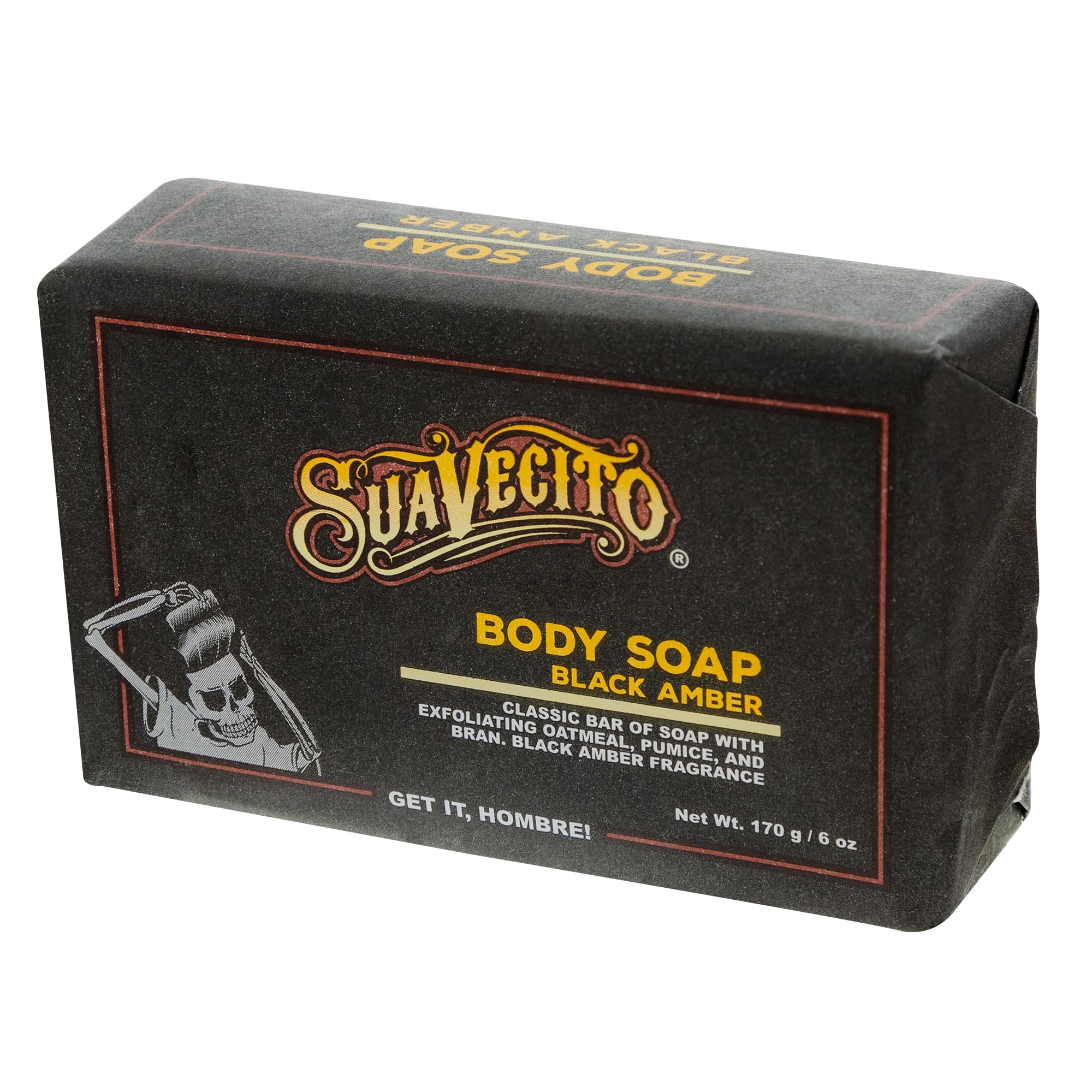 Suavecito Black Amber soap bar packaging highlighting value and 6 oz bars.