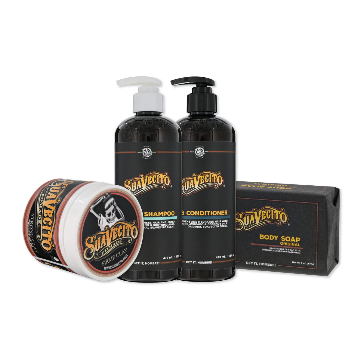 Suavecito Firme Clay pomade jar showing strong, flexible hold for defined styles.