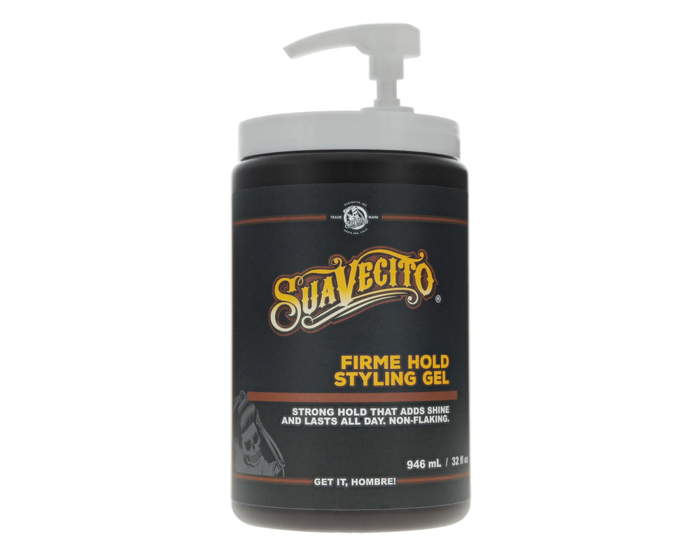 Suavecito Firme Hold gel 32oz pump tub for all-day hold on any hair type.