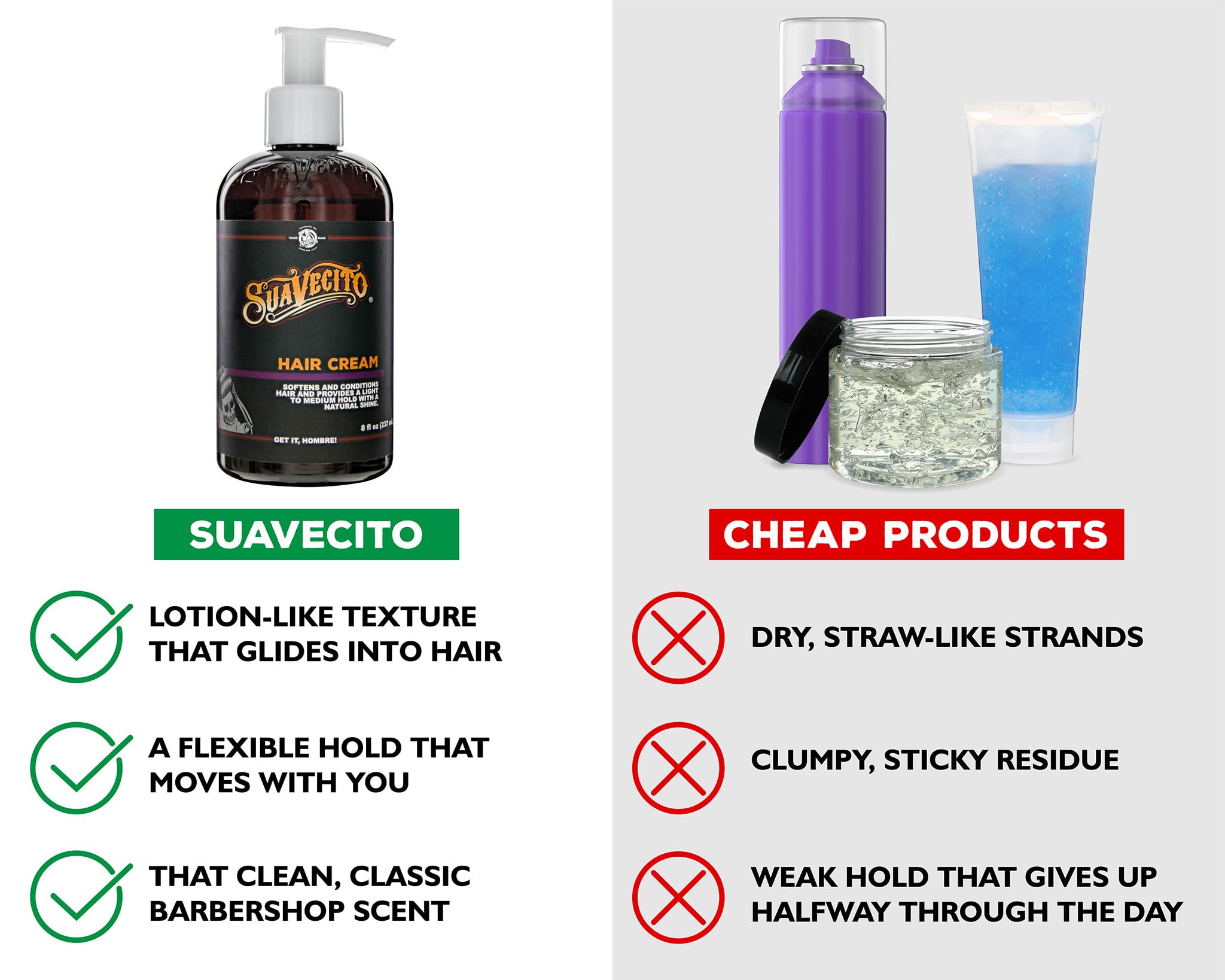 Suavecito Hair Cream Water-based formula leaves hair soft and residue-free.