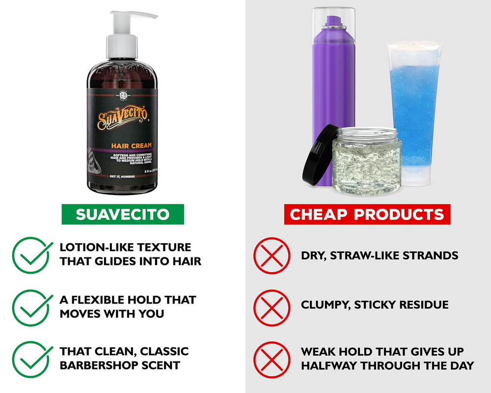 Suavecito Hair Cream Water-based formula leaves hair soft and residue-free.
