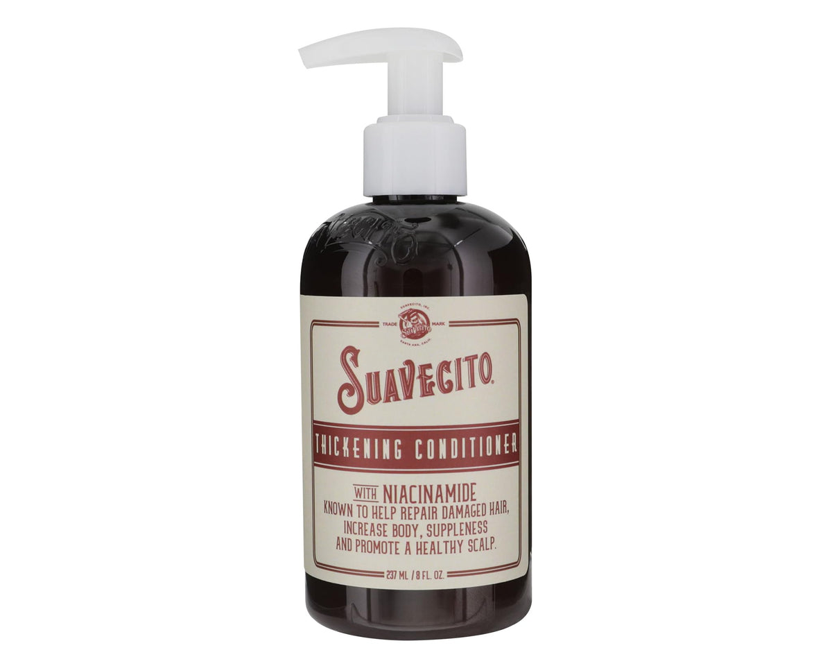 Suavecito hair thickening conditioner bottle demonstrates the formula for fuller-looking hair.