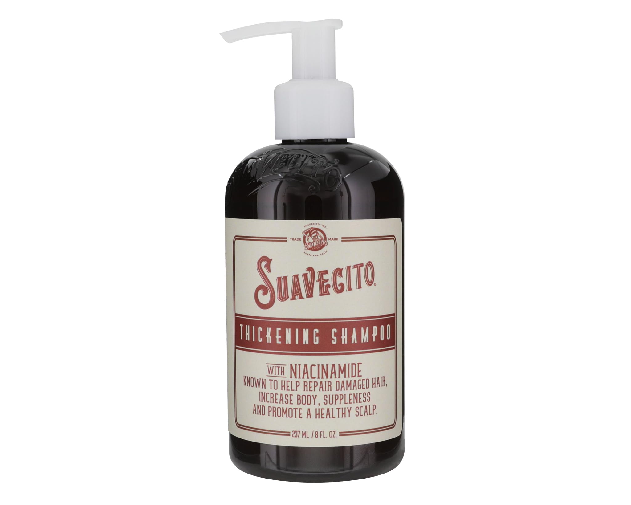 Suavecito Thickening Shampoo bottle shows Niacinamide for fuller-looking hair.