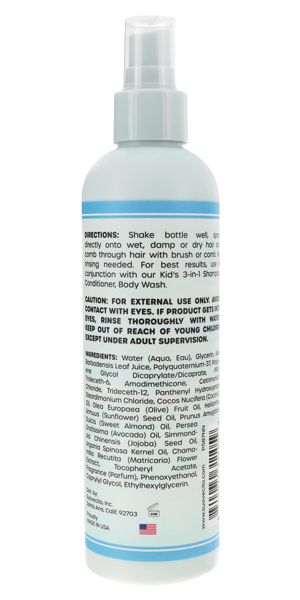 Suavecito Kid's Detangler spray-dispense ready for easy application on damp hair.