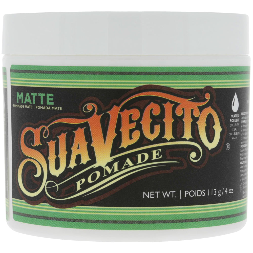 Suavecito Matte Pomade 4oz jar front view for shine-free, versatile styling.