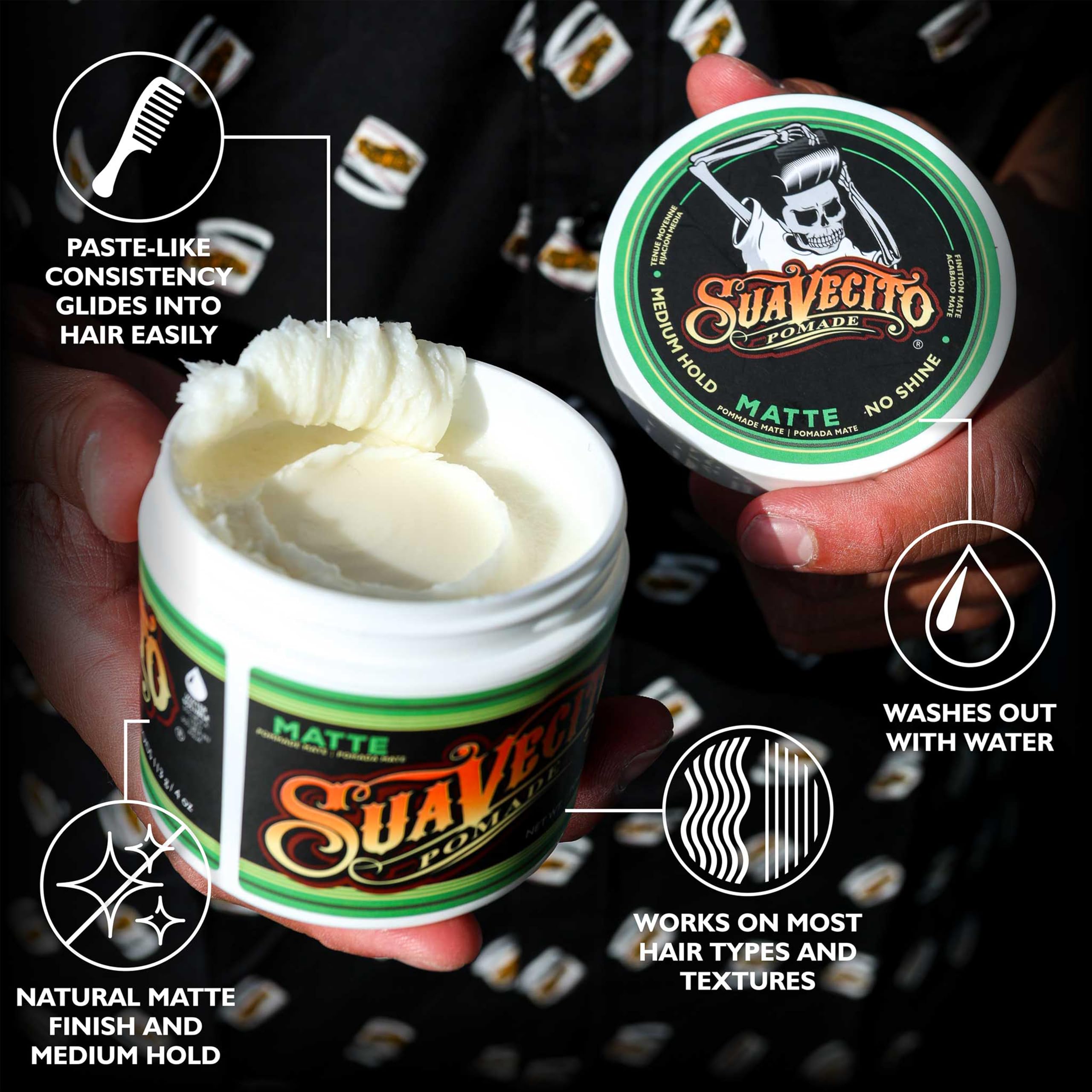 Label close-up showing Suavecito matte formula and easy wash-out benefits.