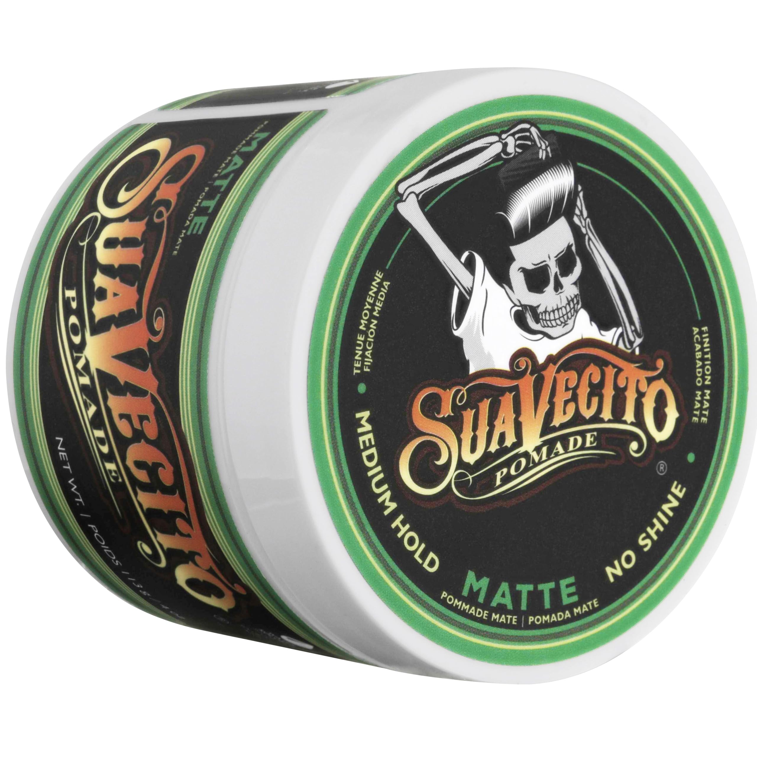 Matte finish detail of Suavecito Pomade under natural light.