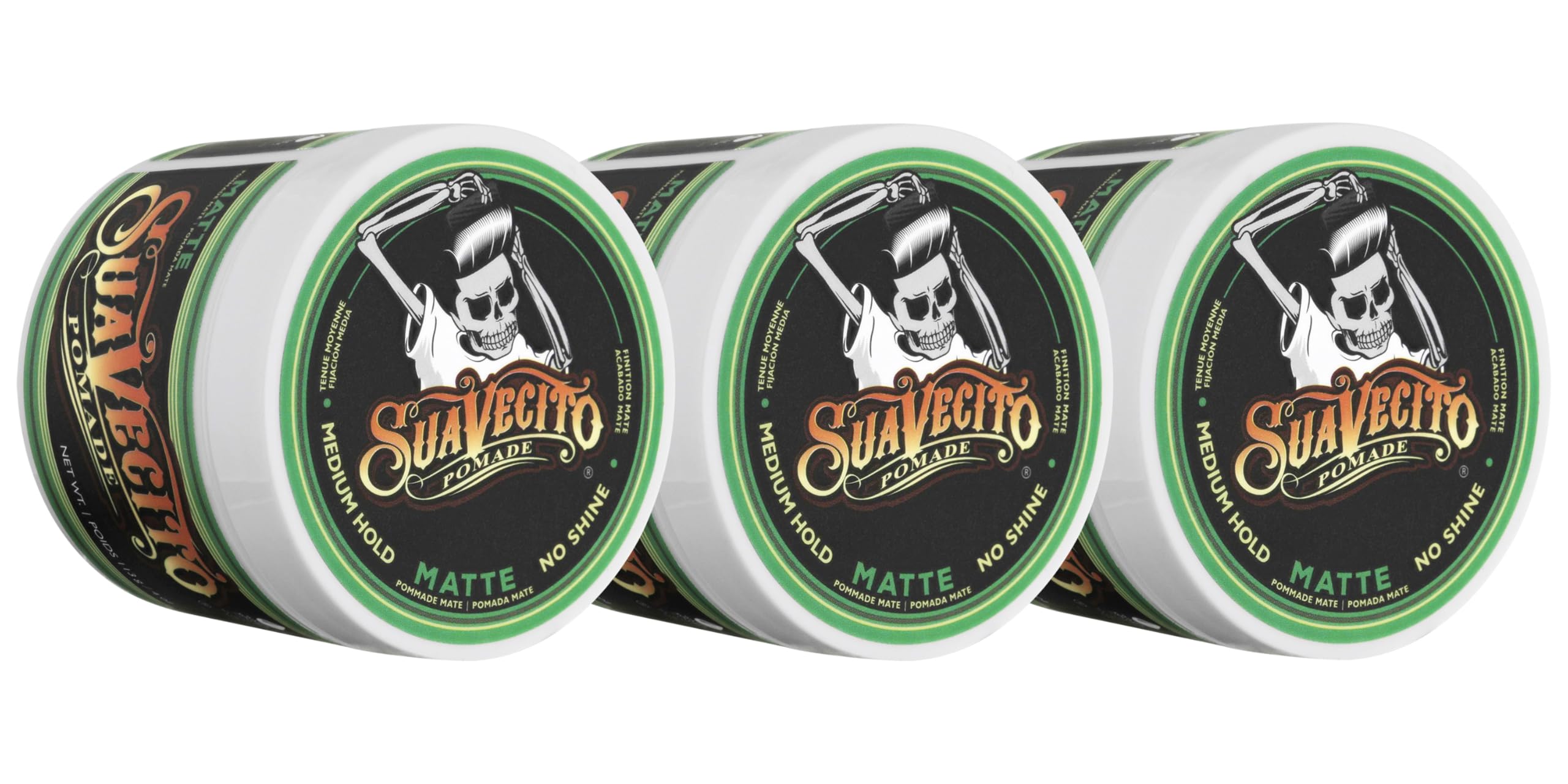 Suavecito Matte Pomade three-pack on display for effortless matte styling.