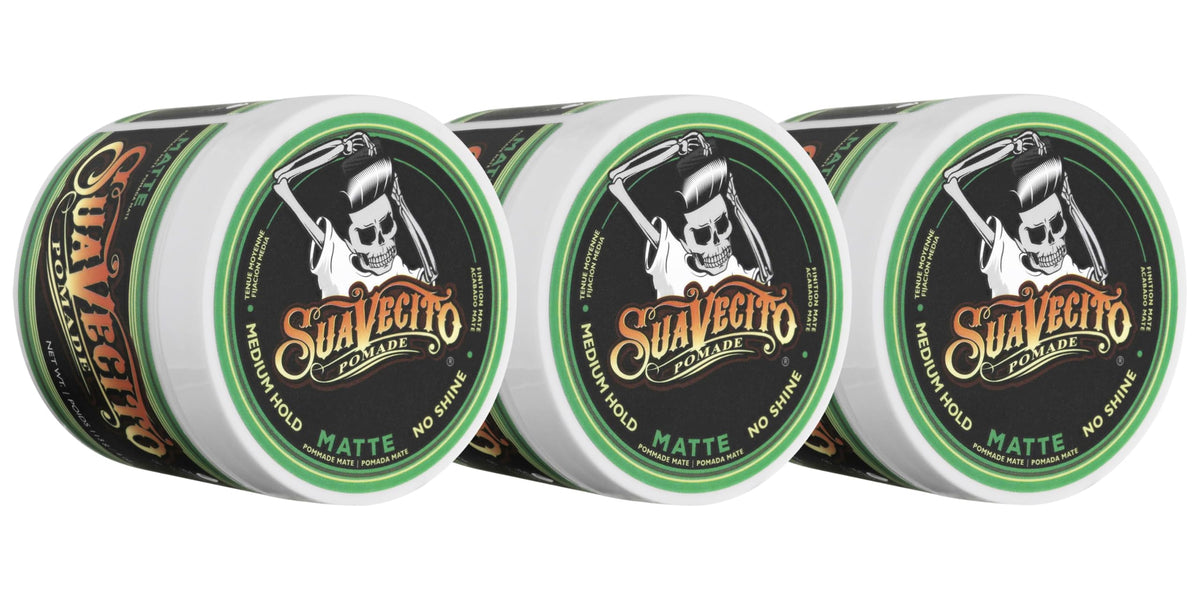 Suavecito Matte Pomade three-pack on display for effortless matte styling.